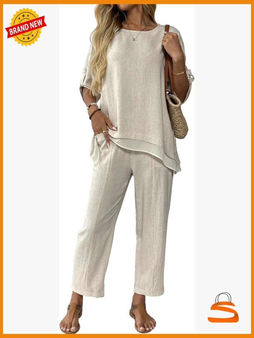 Women's Linen 2 Piece Set 3/4 Sleeve Top Capri Pant Lounge Set Summer Outfit